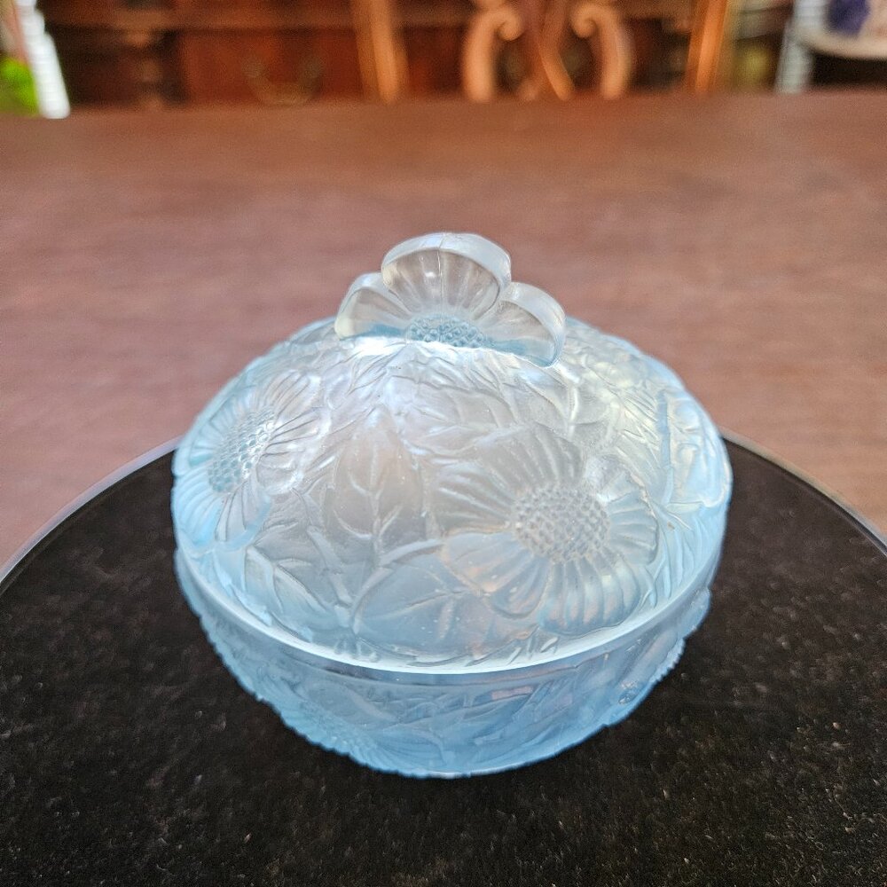 Vintage 1920's Czechoslovakia Frosted blue Glass Powder Jar Signed Irice
